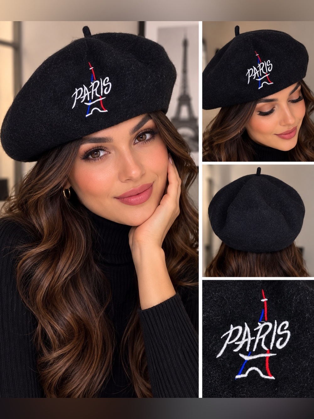 Paris Eiffel Tower Black 95% Wool Beret French Parisian Embroidered Hat